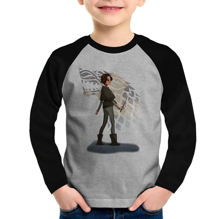 Camiseta Raglan Infantil Arya Stark Art Manga Longa - Cinza/Preto