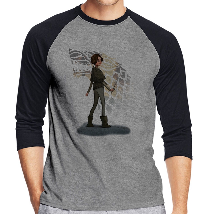 Camiseta Raglan Arya Stark Art Manga 3/4 - Cinza/Preto
