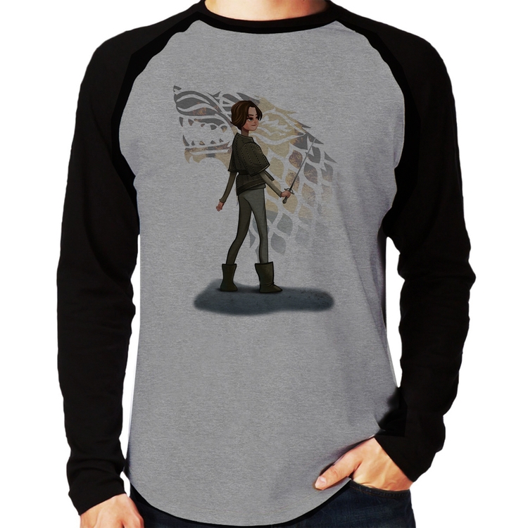 Camiseta Raglan Arya Stark Art Manga Longa - Cinza/Preto