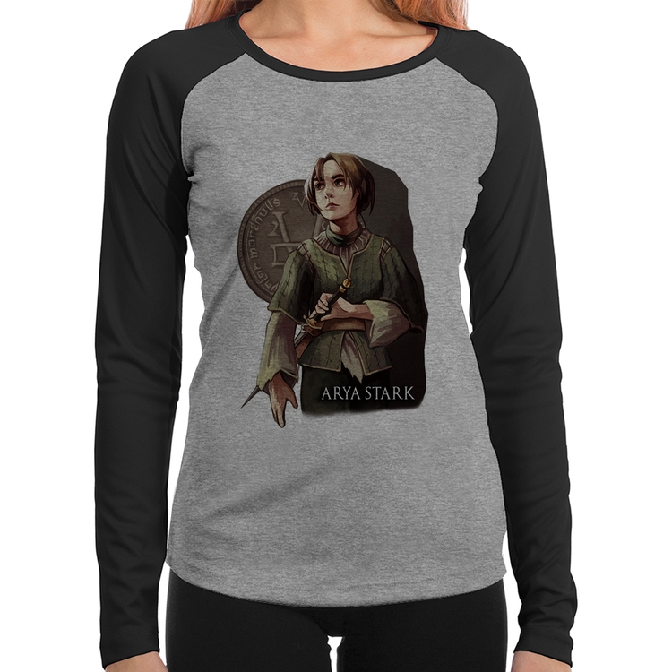 Baby Look Raglan Arya Stark Valar Morghulis Manga Longa - Cinza/Preto