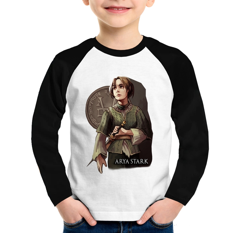 Camiseta Raglan Infantil Arya Stark Valar Morghulis Manga Longa