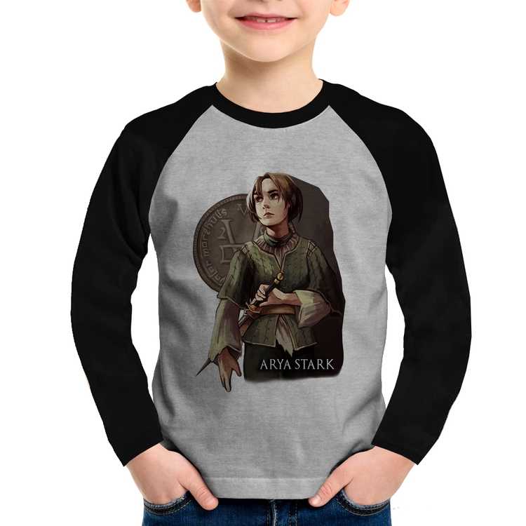 Camiseta Raglan Infantil Arya Stark Valar Morghulis Manga Longa - Cinza/Preto
