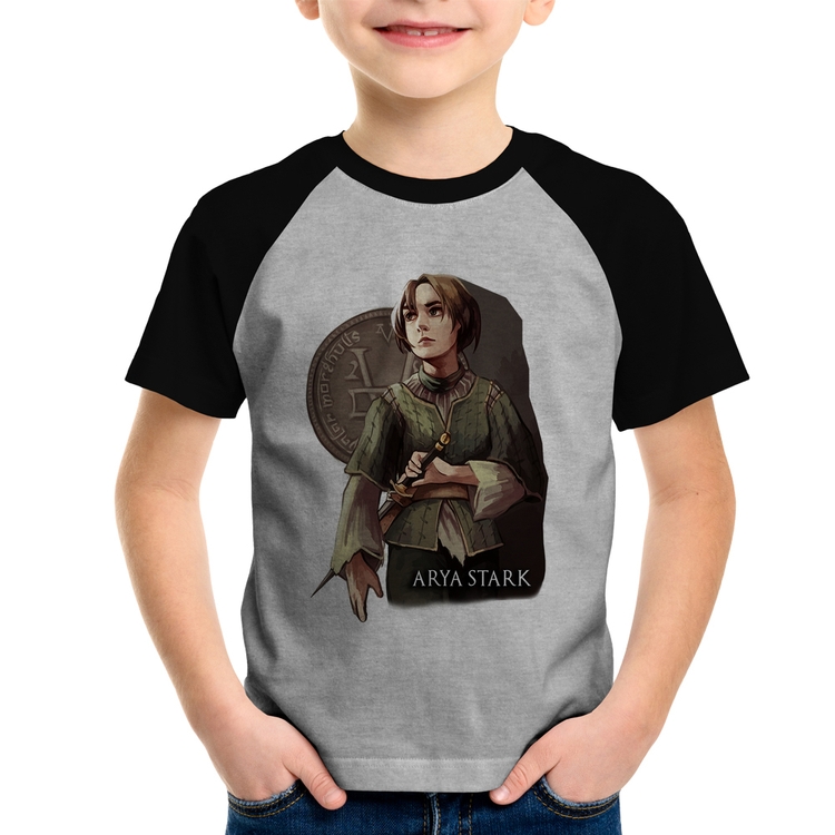 Camiseta Raglan Infantil Arya Stark Valar Morghulis - Cinza/Preto