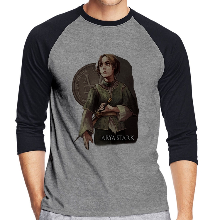 Camiseta Raglan Arya Stark Valar Morghulis Manga 3/4 - Cinza/Preto