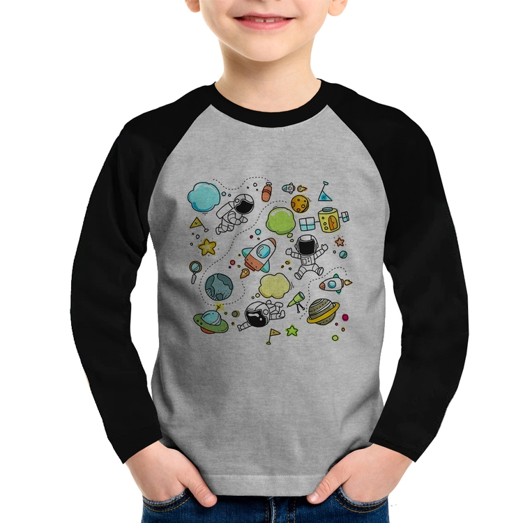 Camiseta Raglan Infantil Astronauta Manga Longa - Cinza/Preto