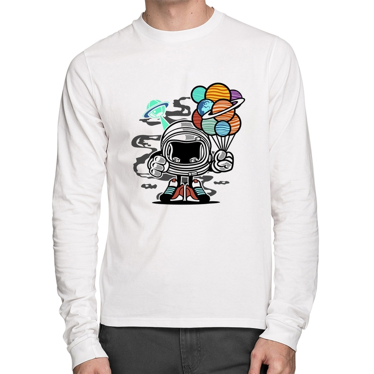 Camiseta Algodão Astronauta Chibi Manga Longa - Branca