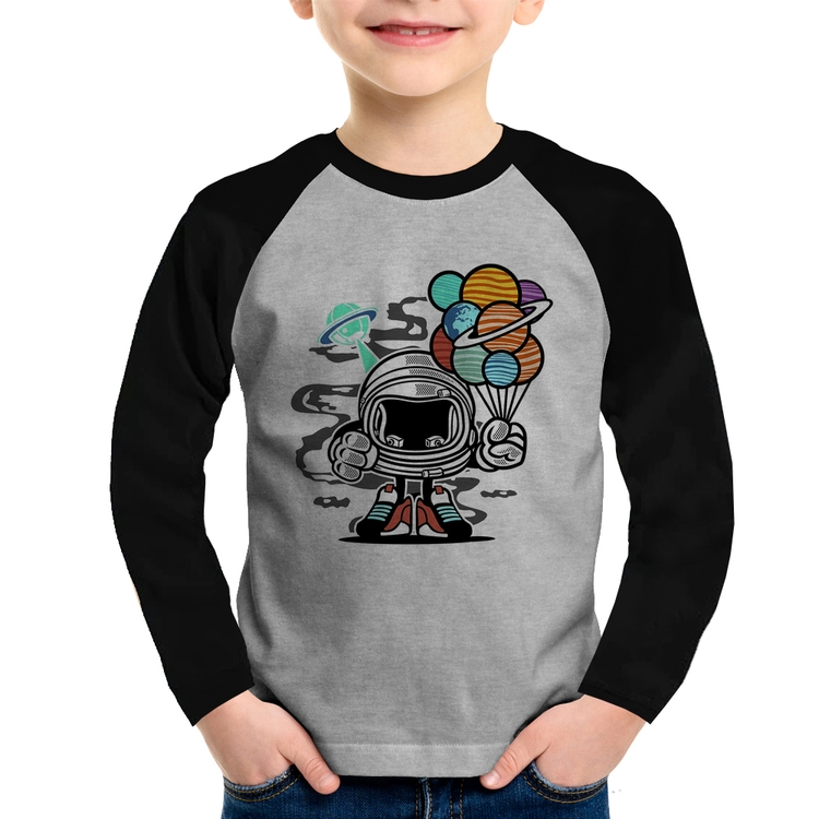 Camiseta Raglan Infantil Astronauta Chibi Manga Longa - Cinza/Preto