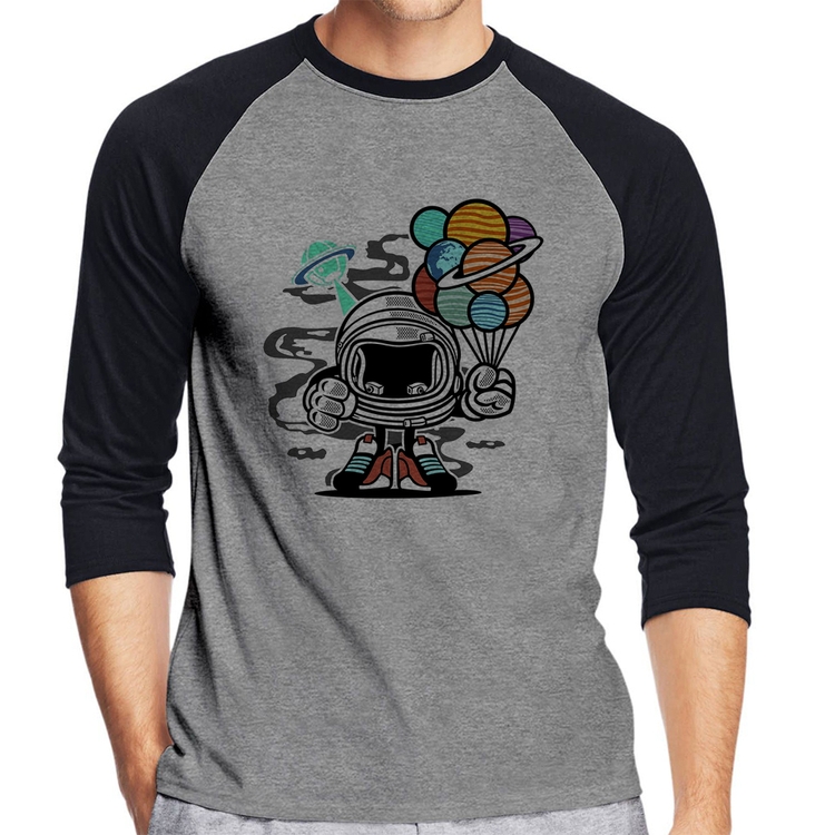 Camiseta Raglan Astronauta Chibi Manga 3/4 - Cinza/Preto