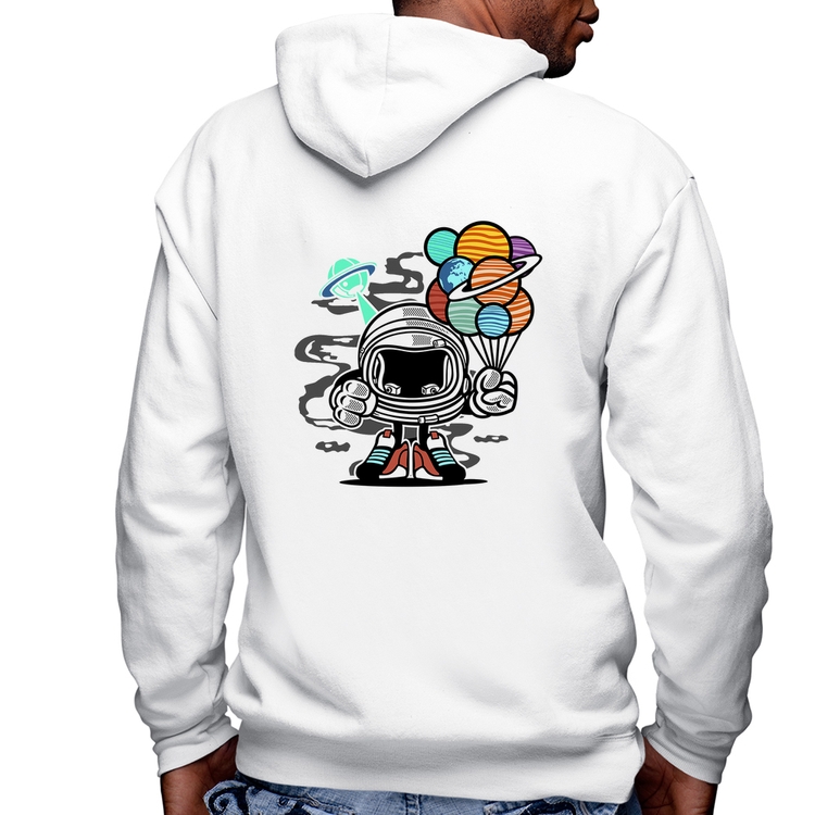 Blusa Moletom Astronauta Chibi Masculina com Capuz e Zíper - Branca