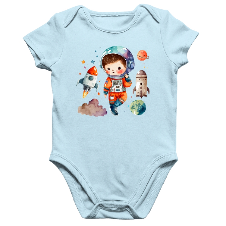 Body Bebê Algodão Astronauta Criança e Foguetes - Azul Bebê
