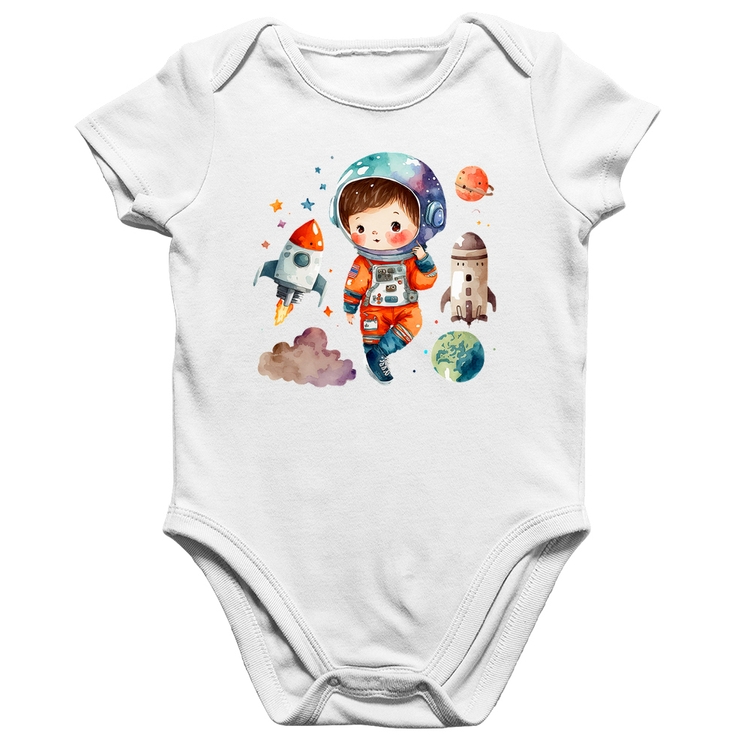 Body Bebê Algodão Astronauta Criança e Foguetes - Branco