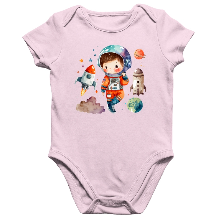 Body Bebê Algodão Astronauta Criança e Foguetes - Rosa Bebê