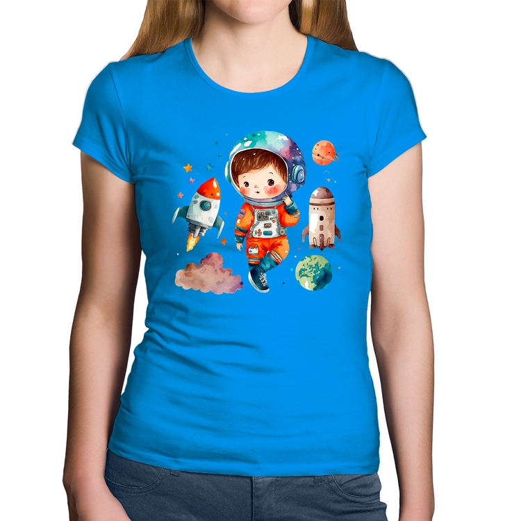 Baby Look Algodão Astronauta Criança e Foguetes - Azul