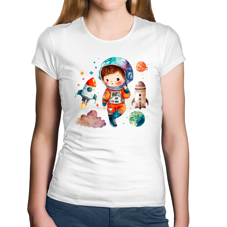 Baby Look Algodão Astronauta Criança e Foguetes - Branca