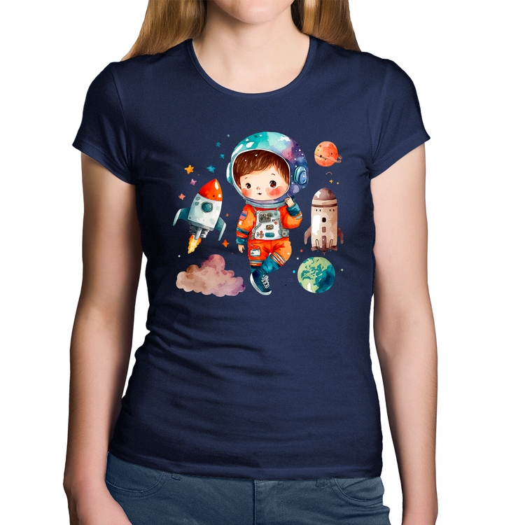 Baby Look Algodão Astronauta Criança e Foguetes - Marinho