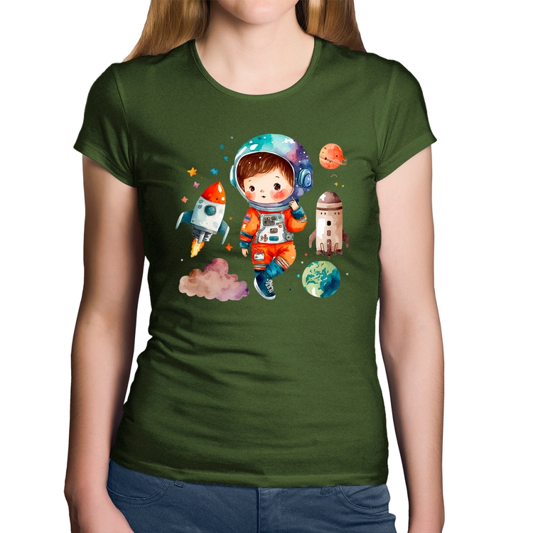 Baby Look Algodão Astronauta Criança e Foguetes - Musgo