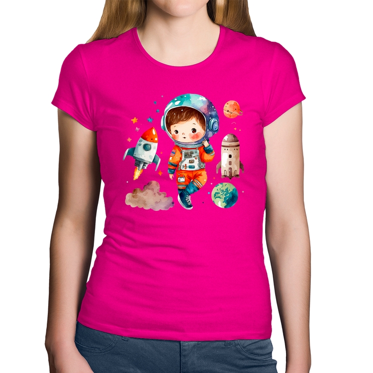 Baby Look Algodão Astronauta Criança e Foguetes - Rosa