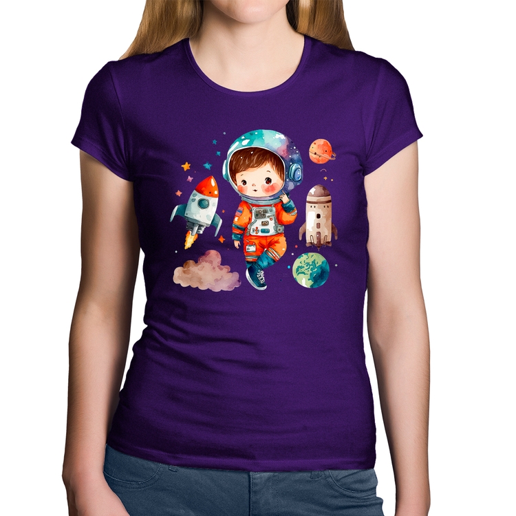 Baby Look Algodão Astronauta Criança e Foguetes - Roxa