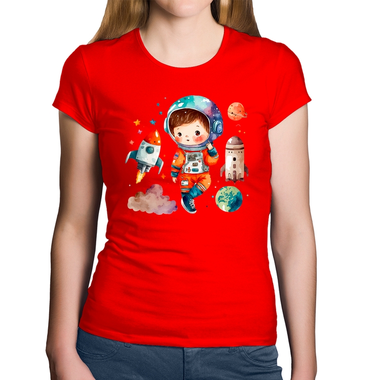 Baby Look Algodão Astronauta Criança e Foguetes - Vermelha