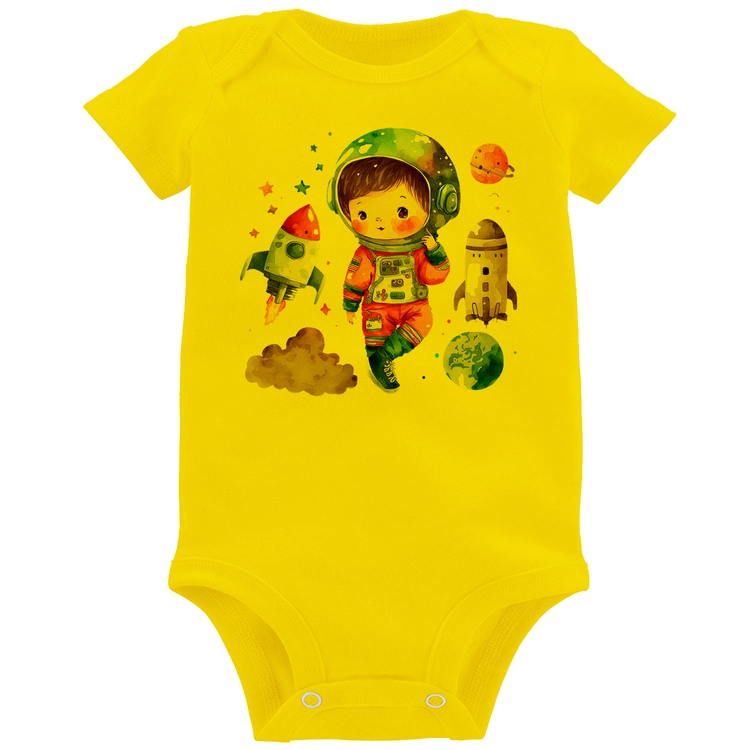 Body Bebê Astronauta Criança e Foguetes - Amarelo