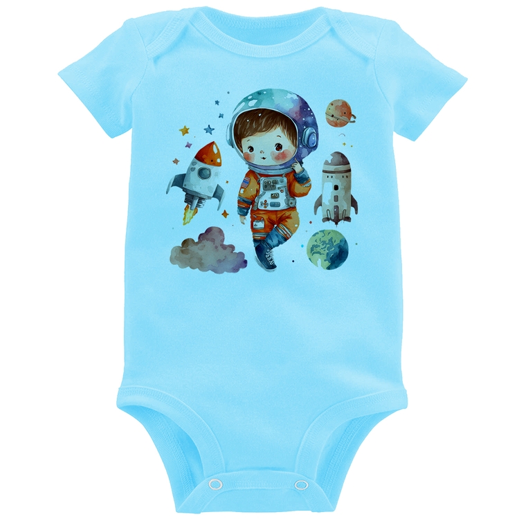 Body Bebê Astronauta Criança e Foguetes - Azul Bebê