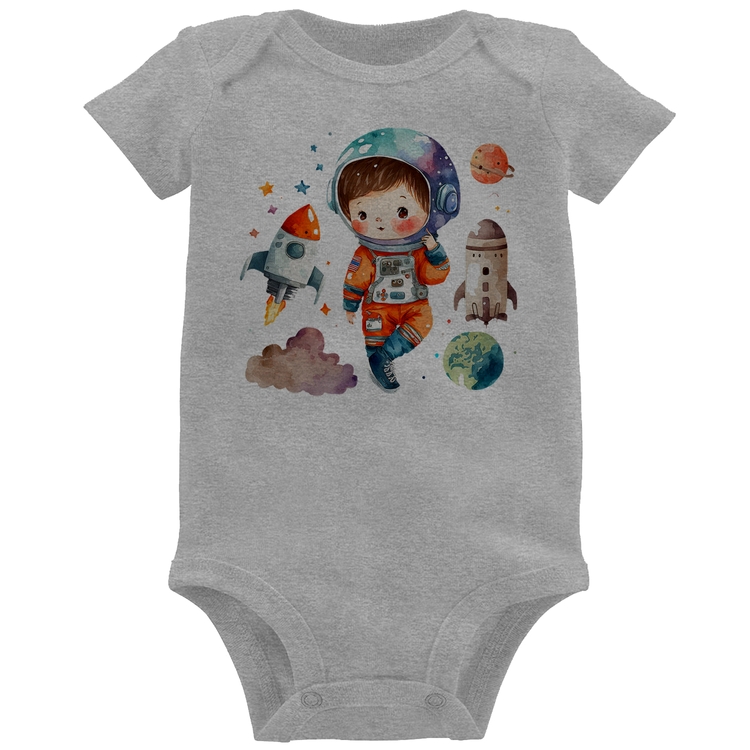 Body Bebê Astronauta Criança e Foguetes - Cinza