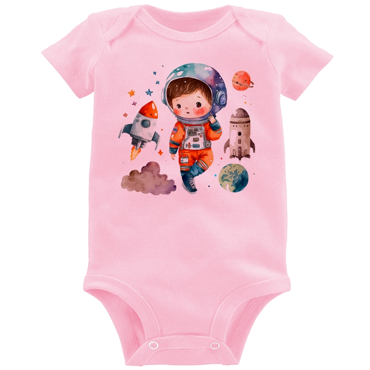 Body Bebê Astronauta Criança e Foguetes - Rosa Bebê