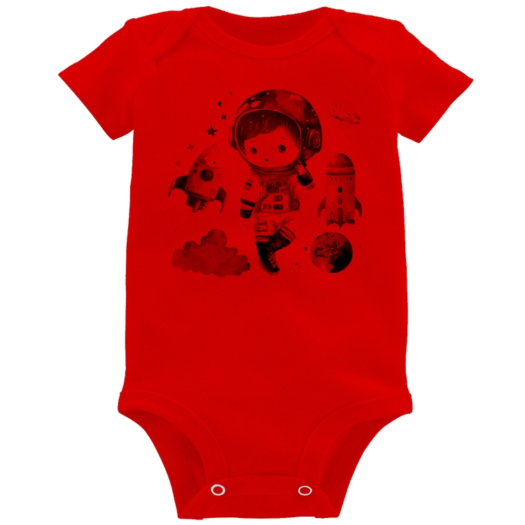 Body Bebê Astronauta Criança e Foguetes - Vermelho