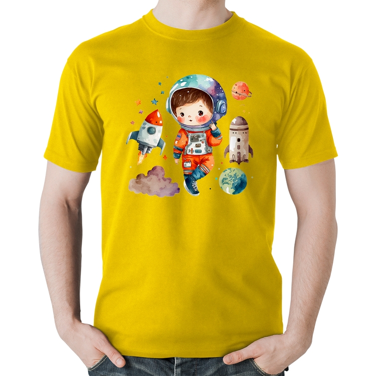 Camiseta Algodão Astronauta Criança e Foguetes - Amarela