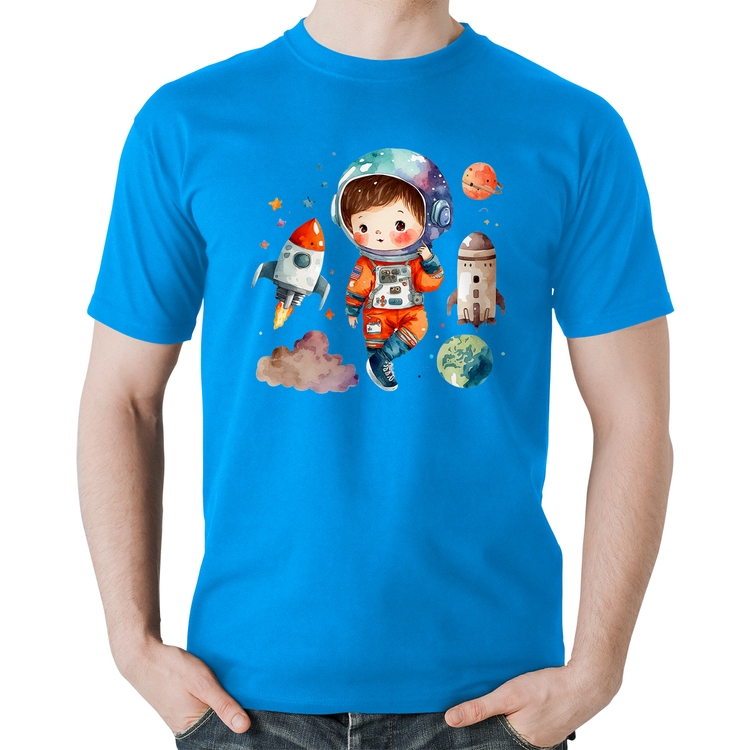 Camiseta Algodão Astronauta Criança e Foguetes - Azul