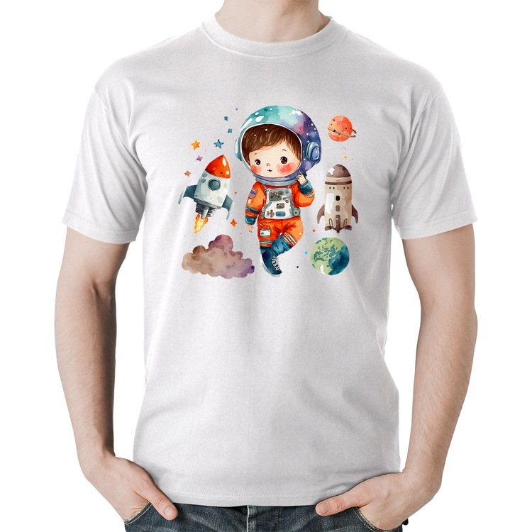 Camiseta Algodão Astronauta Criança e Foguetes - Branca