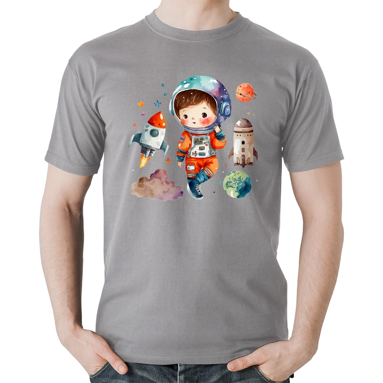 Camiseta Algodão Astronauta Criança e Foguetes - Cinza