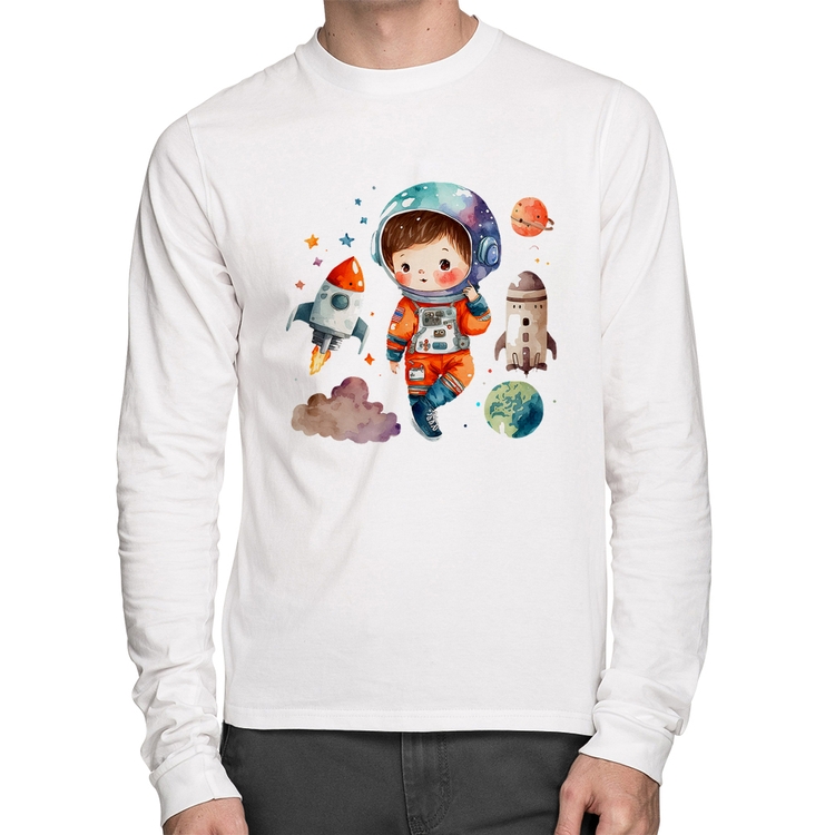Camiseta Algodão Astronauta Criança e Foguetes Manga Longa - Branca