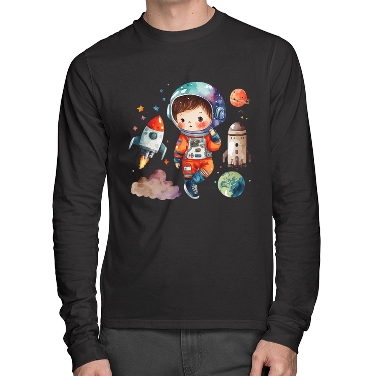 Camiseta Algodão Astronauta Criança e Foguetes Manga Longa