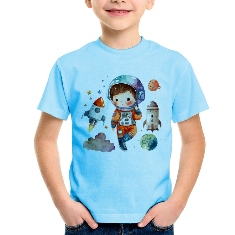 Camiseta Infantil Astronauta Criança e Foguetes - Azul Bebê
