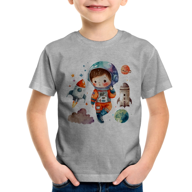 Camiseta Infantil Astronauta Criança e Foguetes - Cinza