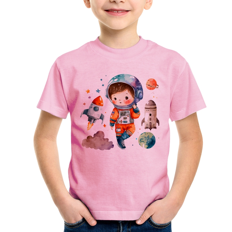 Camiseta Infantil Astronauta Criança e Foguetes - Rosa Bebê