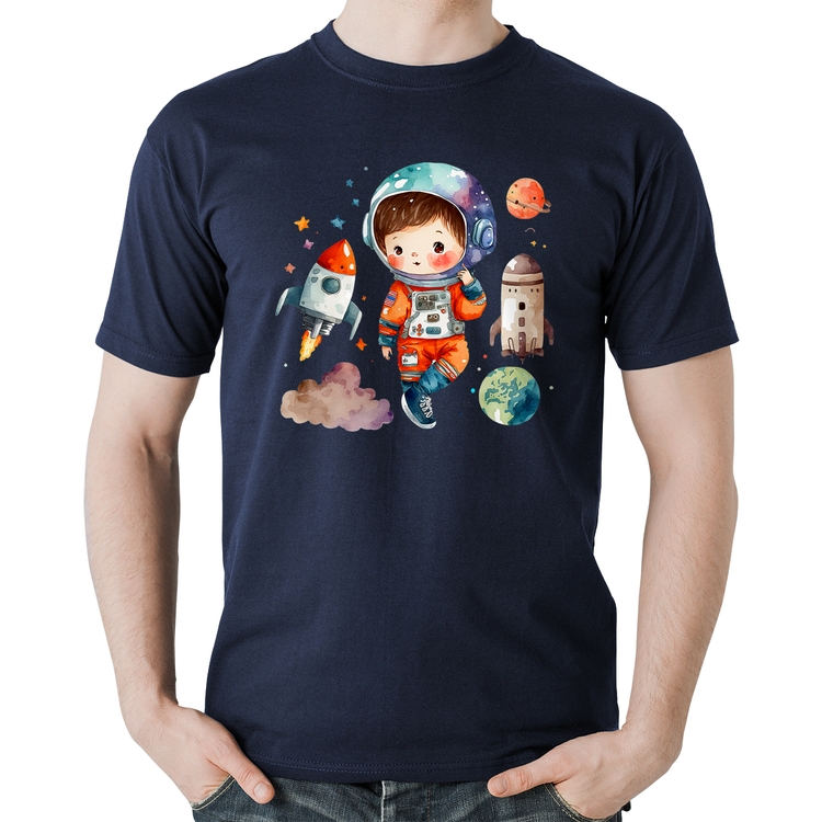 Camiseta Algodão Astronauta Criança e Foguetes - Marinho