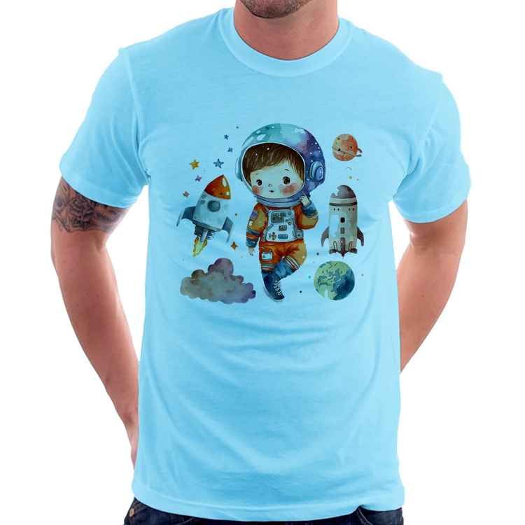 Camiseta Astronauta Criança e Foguetes - Azul Bebê