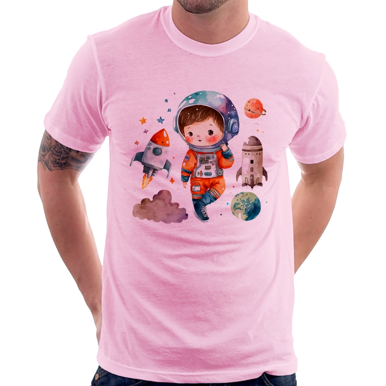 Camiseta Astronauta Criança e Foguetes - Rosa Bebê