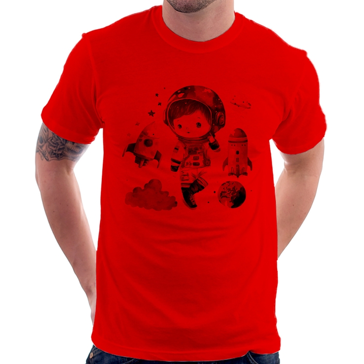 Camiseta Astronauta Criança e Foguetes - Vermelha