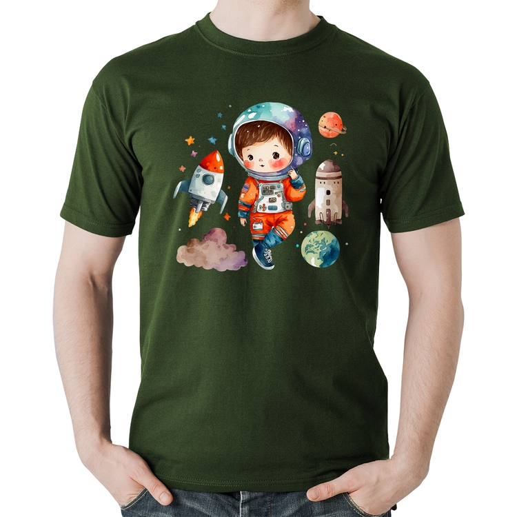 Camiseta Algodão Astronauta Criança e Foguetes - Musgo