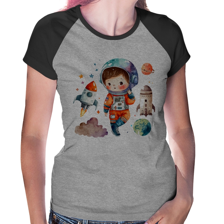Baby Look Raglan Astronauta Criança e Foguetes - Cinza/Preto