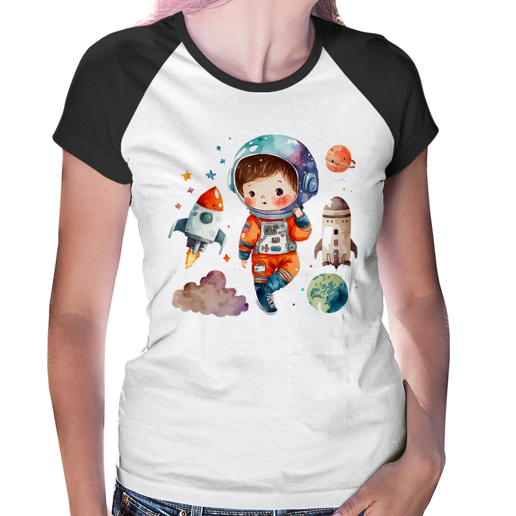 Baby Look Raglan Astronauta Criança e Foguetes