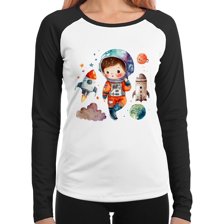 Baby Look Raglan Astronauta Criança e Foguetes Manga Longa