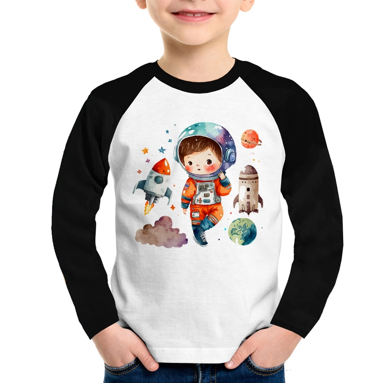 Camiseta Raglan Infantil Astronauta Criança e Foguetes Manga Longa
