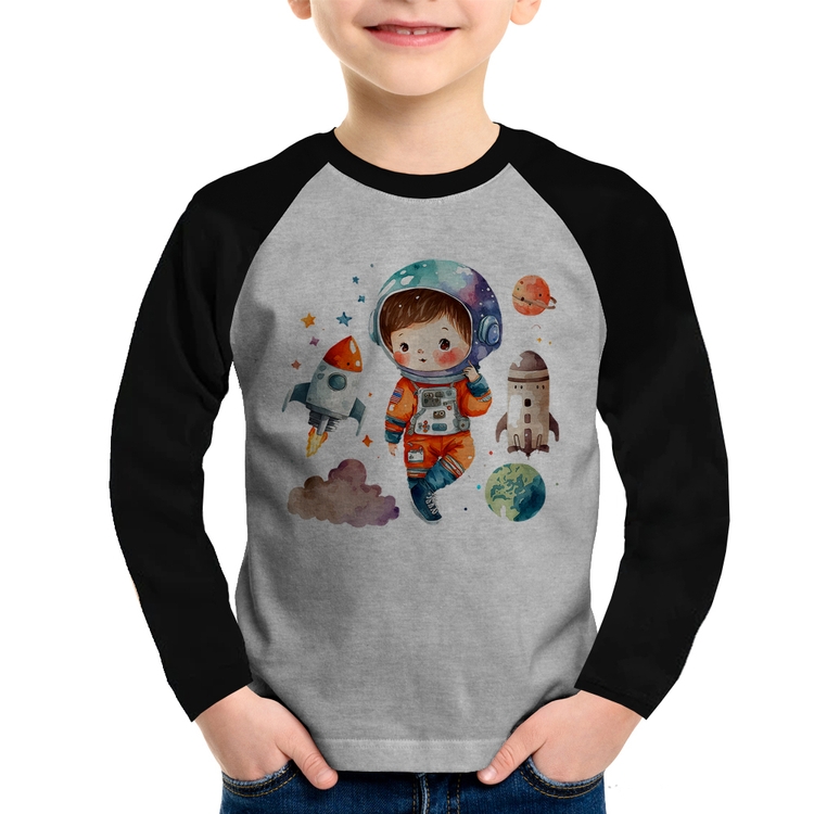Camiseta Raglan Infantil Astronauta Criança e Foguetes Manga Longa - Cinza/Preto