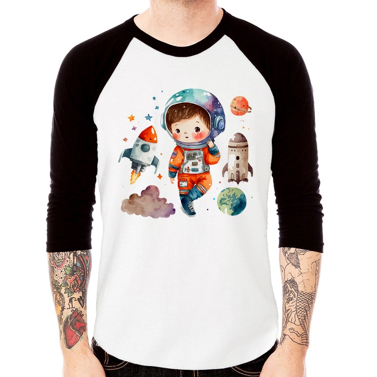 Camiseta Raglan Astronauta Criança e Foguetes Manga 3/4