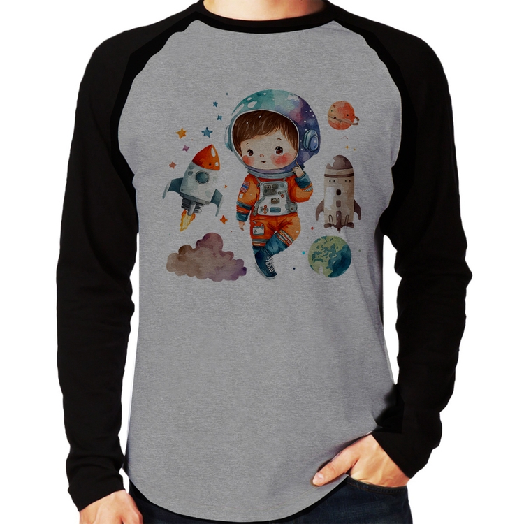 Camiseta Raglan Astronauta Criança e Foguetes Manga Longa - Cinza/Preto