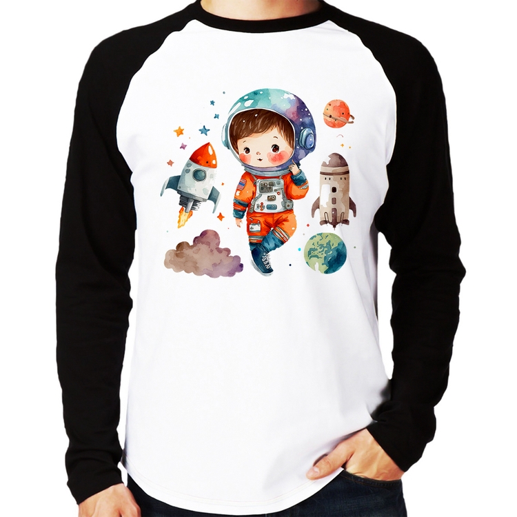 Camiseta Raglan Astronauta Criança e Foguetes Manga Longa